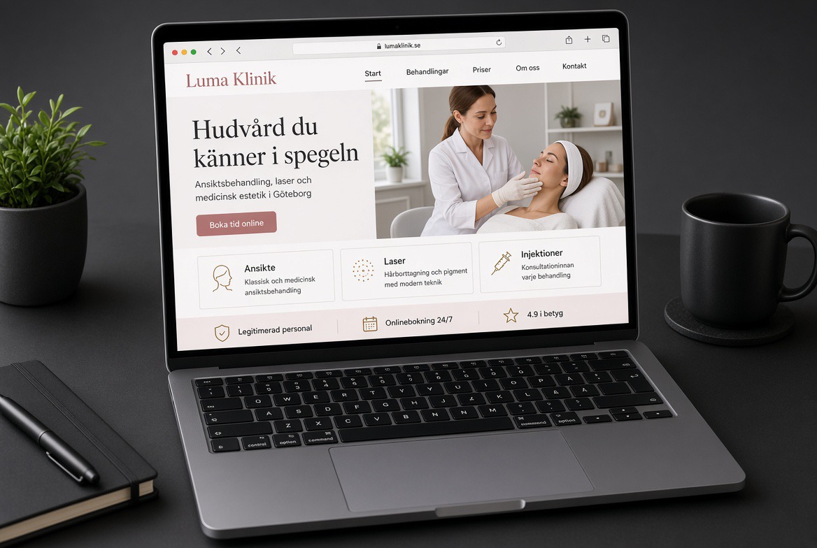 Exempel på webbsida för klinik visad på en laptop