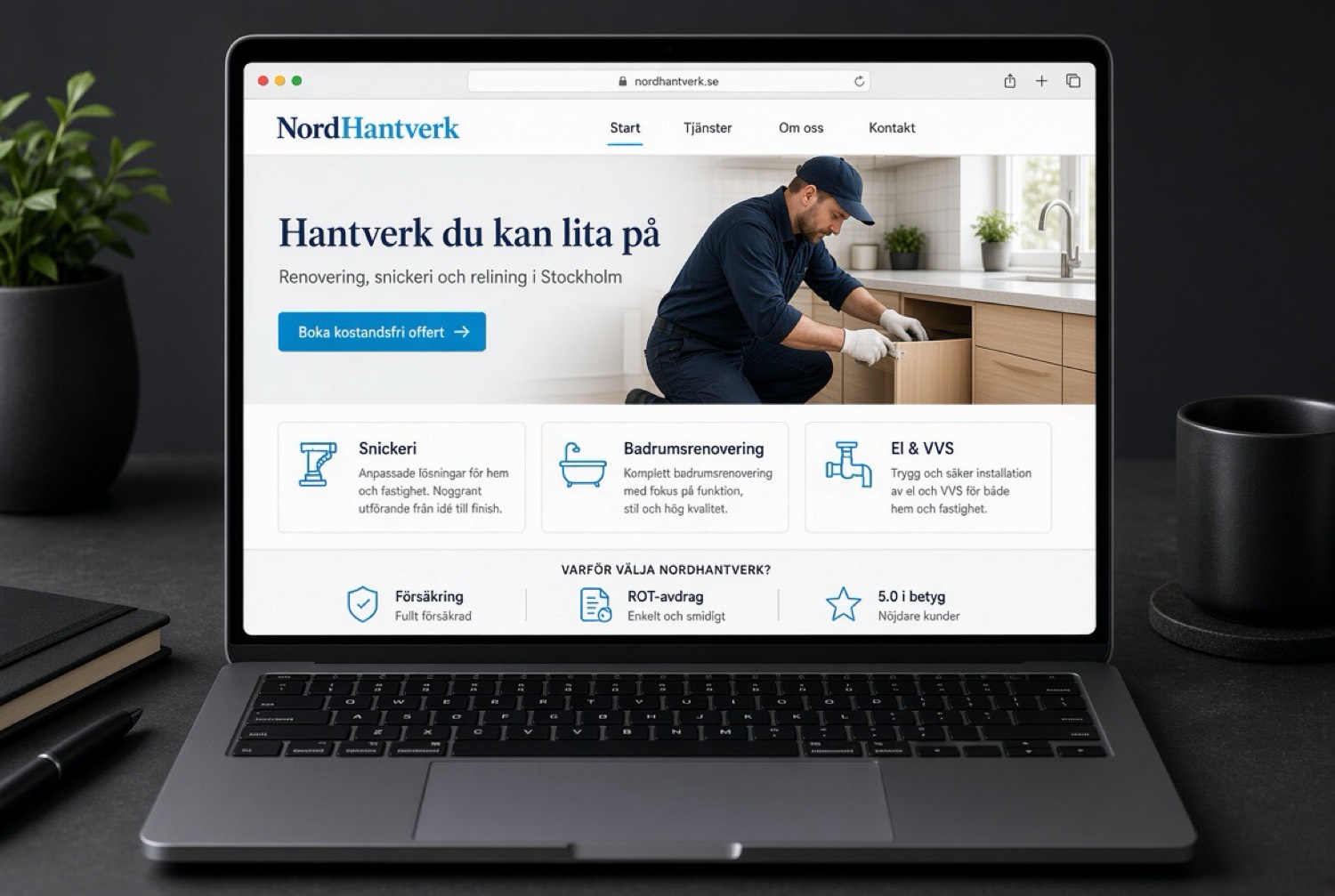 Exempel på webbsida för hantverksföretag visad på en laptop